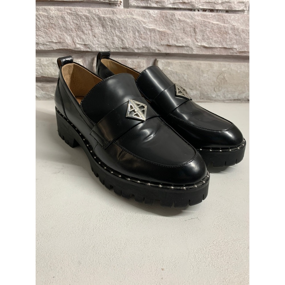 Antonio Melani Black Leather Lug Sole Loafers Silver Hardware Studded 7M